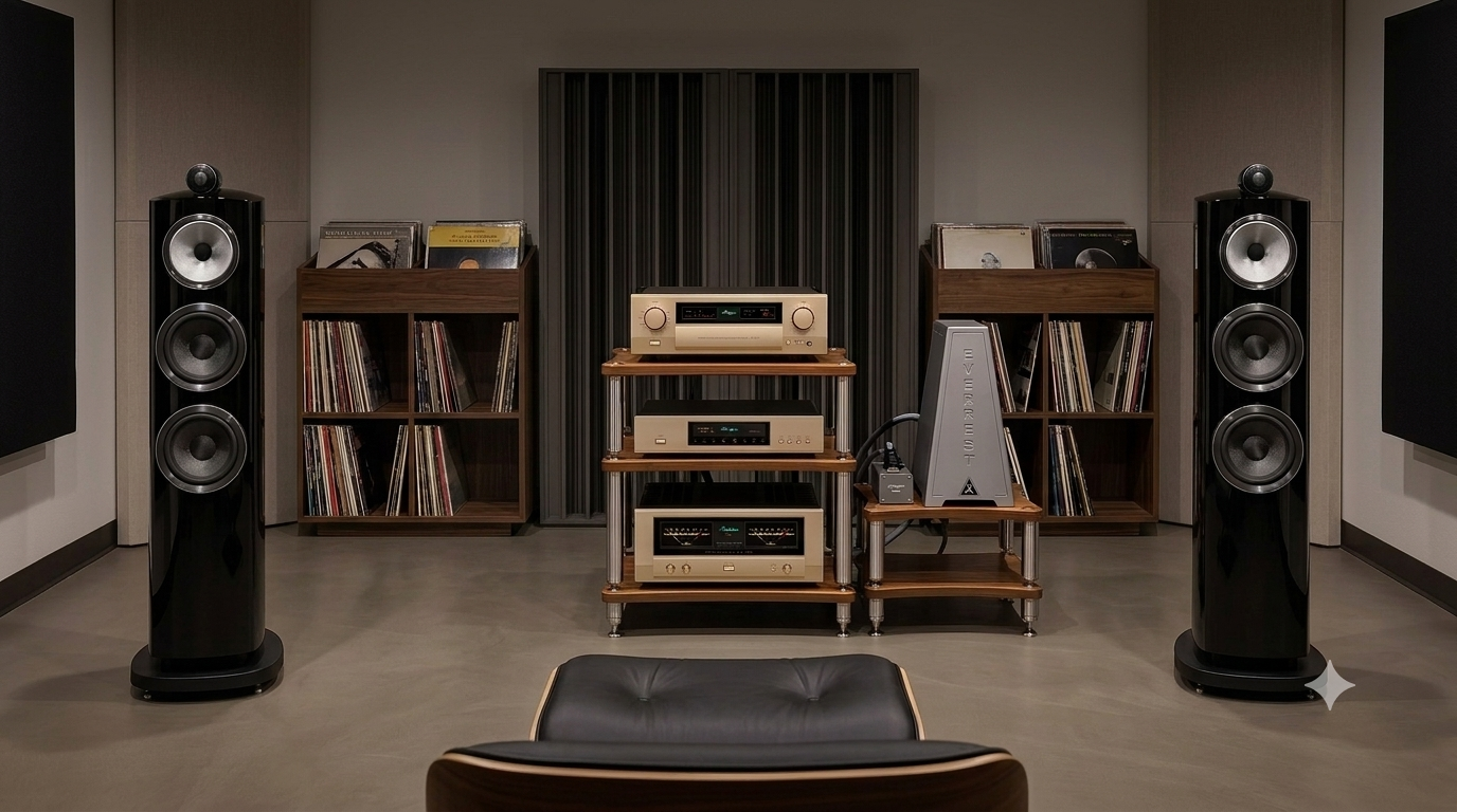 Bowers & Wilkins floor-standing speakers with an Accuphase system